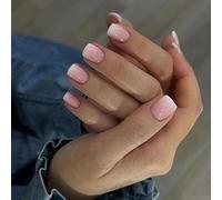 Press On Nails,French False Nails Pink White Tip Short Square for Elegant Women,Natural Semi-Transparent Fake Nail Tip Kit,Classy Simple Nude Nails,24 Pcs Soft Gel Stick On Nails for Women in 12 Sizes