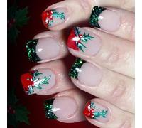 Press On Nails French Glitter with Leaf Design, 24Pcs Christmas Green False Nails for Holiday Parties & Festive Events, Long Lasting Artificial Nails with Easy Application