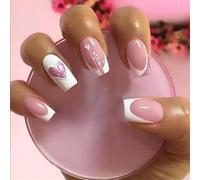 Press On Nails French Tip - 24Pc Medium Length Heart Design, Reusable False Nails for Women, Festival Party Daily Wear with Natural Look & Easy