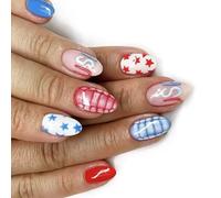 Press On Nails Full Covers Acrylic With French Tips Stick On For 4th Of July Independence Day Celebrations Holiday Themed Nail