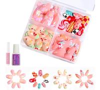 Press-on Nails Full Set - 4 Themed 96 Pieces Nails Press Ons with Nail Glue, 24 Different Sizes Each Theme, Cute Patterns Short Almond Press On Nails for Women & Girls, Easy to Apply for Daily