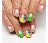 Press On Nails Glitters Short Square False Nails With Floral Designs Glossy Full Covers Stick On Nails For Women 24 Pcs