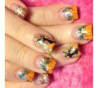 Press On Nails Halloween Theme Pumpkin Leaf Art Nails Tips Easy To Apply For Women Daily Party Wear Faux Nail Halloween Short Design