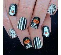 Press On Nails Halloween White Spiderweb Pumpkin Skeleton Glittered Design ABS 24 Pieces Set