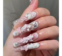 Press on Nails Handmade,with 3D Angel Shape and Pink Bow Designs Glitter Pink,Rhinestones & Retro,Reusable False Nails Glossy Glue on Nail, Full Cover Acrylic Artificial Nail for Women DIY Manicure