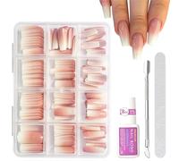 Press On Nails Kit - Long Medium Square French Tip False Nails With Glue - Glossy Nude Pink Gradient Coffin Fake Nails Set - Full Cover Acrylic Stick On Nail For Women Girls DIY Nails Art Manicure