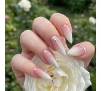 Press On Nails Long Coffin Nude Gradient with Rhinestones and Glitter - Elegant French Tip False Nails for Wedding Party Daily Wear, Reusable Stick On, 24PCS Set (Glitter Ombre Bliss)