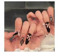 Press On Nails Long Oval Nude Black Stripes Glossy Jelly Fake Nails Reusable Glue On Nails for Everyday