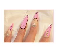 Press On Nails Long Oval Pink Tip 3D Rhinestone French Fake Nails Reusable Glue On Nails for Party
