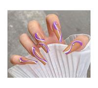 Press On Nails Long Oval Purple Stripes Glossy Fake Nails Reusable Glue On Nails for Party