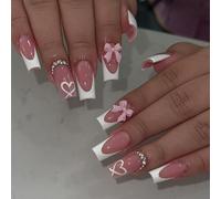 Press On Nails Long Square 3D Bows Acrylic French White French Fake Nails With Heart Pattern Full For Girls