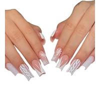 Press On Nails Long Square Artificial Nails Christmas Snowflake Designs Stick On Nails Glossy Acrylic False Nails 24Pcs