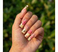 Press On Nails Long Square Floral Pink Coffin Fake Nails with Polka Dot & Black Liner - Japanese Style Stick On for Women Reusable False for Daily Wear, Parties, Wedding & Photo Shoots