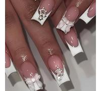Press On Nails Long Square French Tip Fake Nails with 3D Bow & Star Charms - Cute Stick On Nails for Women, False Nails with Acrylic Look for Parties, Holidays & Everyday Wear