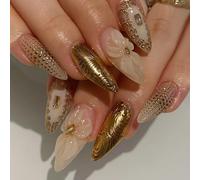 Press On Nails Long Stiletto 3D Glitter Flower False Nails Chip-Free with Flexi-Fit Technology