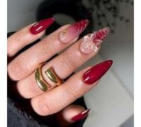 Press On Nails Long Stiletto 3D Red Crystal Flower Stick on Nails for Women Winter