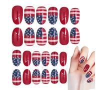 Press On Nails - Manicure Decorations with Light False Nails | 24 Piece American Independence Day Push On Nail Set, Short Round Shape, Patriotic Flag Design