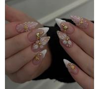 Press on Nails Medium Almond - 24 Pcs Pink False Nails Oval - 3D Flower Pearl French Tips Fake Nails with Glue - Full Cover Glazed Glossy Acrylic Stick on Nail for Women DIY Nail Art Daily Decorations