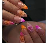 Press on Nails Medium Almond - 24Pcs Summer French Tip Fake Nails with 3D Flower Shell Design - Glossy Full Cover False Nails for Women Beach Vacation Nail Art