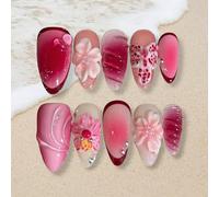 Press On Nails Medium Almond 3D Blush Red Pink Flower False Nails with Glue Tabs