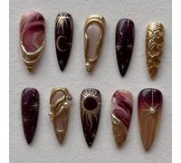 Press On Nails Medium Almond 3D Star Moon Metallic Gold Fake Nails Heart False Nail 12 Sizes - 30Pcs