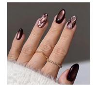 Press On Nails Medium Almond Brown Stripes Cat Eye Fake Nails Reusable Glue On Nails for Daily Outfit
