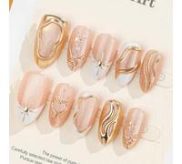 Press On Nails Medium Almond Cat Eye Fake Nails French Tip False Nail 3D Metallic Gold Star Stick on Nails Kit 30Pcs