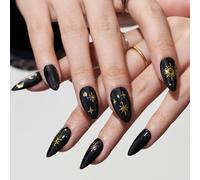 Press on Nails Medium Almond, Handmade Gothic Star in Black Gel Glue on Nail, Glossy Short Stiletto Reusable UV Finish Fake Nails Acrylic False Nails Manicure Kits for Women