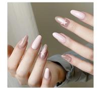 Press On Nails Medium Almond Light Pink Star Glossy Fake Nails Reusable Glue On Nails for Everyday