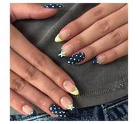 Press On Nails Medium Almond Nude Black Polka Dot Cream Tip Star Vintage French Fake Nails Reusable Glue On Nails for Daily Outfit
