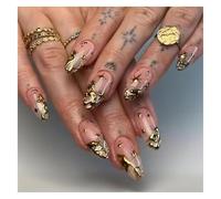 Press On Nails Medium Almond Nude Gold Metallic 3D Starburst Vintage Fake Nails Reusable Glue On Nails for Daily Outfit