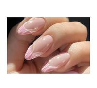 Press On Nails Medium Almond Nude Pink Tip 3D Stripes French Fake Nails Reusable Glue On Nails for Daily Outfit