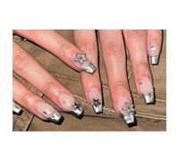 Press On Nails Medium Almond Nude Silver Tip 3D Star Coquette French Fake Nails Reusable Glue On Nails for Daily Outfit