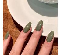 Press on Nails Medium,Ballet Fake Nails Solid Color Full Cover False Nails with Designs Olive Green Glossy Glue on Nails Artificial Acrylic Stick on Nails for Women Girls 24 Pcs