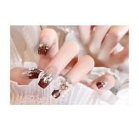 Press On Nails Medium Coffin Brown Tip 3D Bow French Fake Nails Reusable Glue On Nails for Everyday