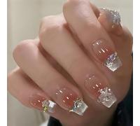 Press on Nails Medium Coffin Fake Nails with Flower Rhinestones Designs Ombre Acrylic Nails Press ons Glitter French False Nails Glossy Glue on Nails Artificial Stick on Nails for Women 24Pcs