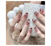 Press On Nails Medium Coffin Nude Red 3D Ombre Fake Nails Reusable Glue On Nails for Office