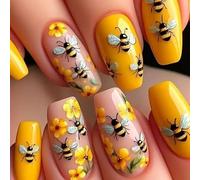 Press on Nails Medium Coffin SWEKKE Yellow Fake Nails Cute Nails False Nails with Bee Flower Designs Fun Glossy Glue on Nails Summer Spring Acrylic Nails for Women Girls 24 Pcs