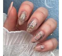 Press on Nails Medium Length Almond, Pink Artificial Nails, Fingernails for Sticking, 3D Snake Moon Star Artificial Nails, Star Fake Nails, Adhesive Nails, Acrylic Nail Tips, Women's Nail Accessories