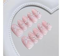 Press On Nails Medium Oval Nail Wraps Pink Glitter Crystal Flower Lily M False Nails Impress Stick on Nails Set 10Pcs