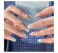 Press On Nails Medium Oval Nude Blue Tip Bow Star Ombre Fake Nails Reusable Glue On Nails for Everyday