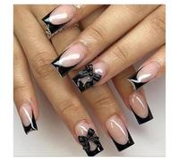 Press On Nails Medium Square Black Tip Nude 3D Bow Vintage French Fake Nails Reusable Glue On Nails for Office