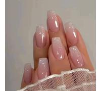 Press on Nails Medium Square Coffin Fake White French False ons with Heart Pearl Flower Bow Design Nude Pink Nail Art Tips Full Cover Acrylic for Women 24 Pcs
