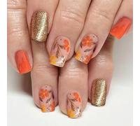 Press on Nails Medium Square Fake Nails with Fallen Leaves Flower Designs Orange Acrylic Artificial False Nails Thanksgiving Reusable Glitter Gold Stick on Nail for Women 24Pcs