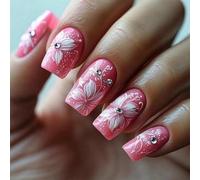 Press On Nails Medium Square False Nails Pink Flower Stick on Nails Wraps for Women