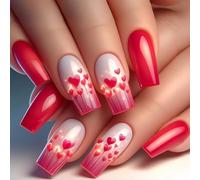Press On Nails Medium Square Hot Pink Red False Nails Valentines Heart Fake Impress Nails for Party