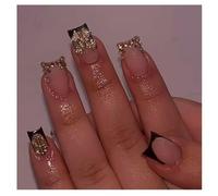 Press On Nails Medium Square Nude Black Tip 3D Rhinestone Vintage French Fake Nails Reusable Glue On Nails for Daily Outfit