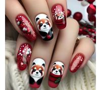 Press On Nails Medium Square Red False Nails Pandas Nail Wraps Winter Autumn 10 Sizes -24 Kit