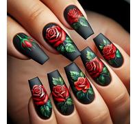 Press On Nails Medium Square Red Flower False Nails Nail Wraps Winter Holographic Anti-Shatter