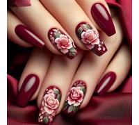 Press On Nails Medium Square Red Flower False Nails Nail Wraps Winter Lasting Wear Flexible